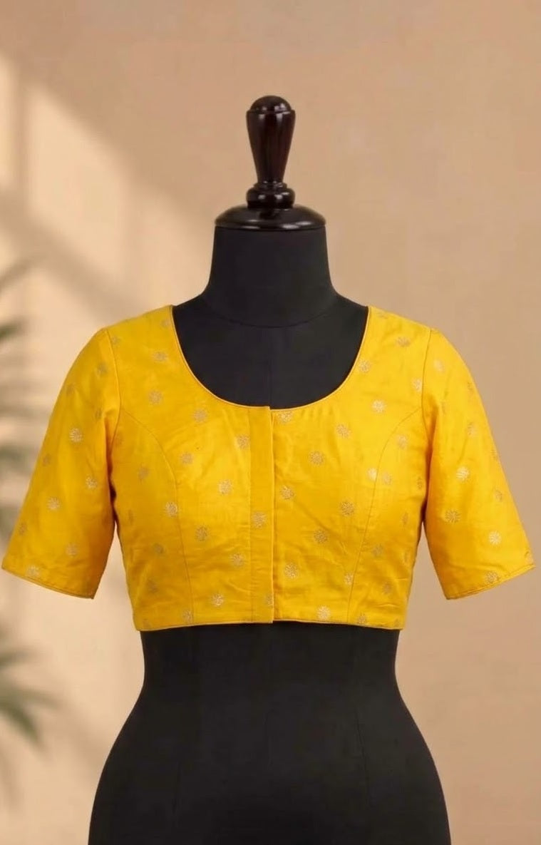 Mustard Yellow Zari Buta Deep-Back ready made blouse
