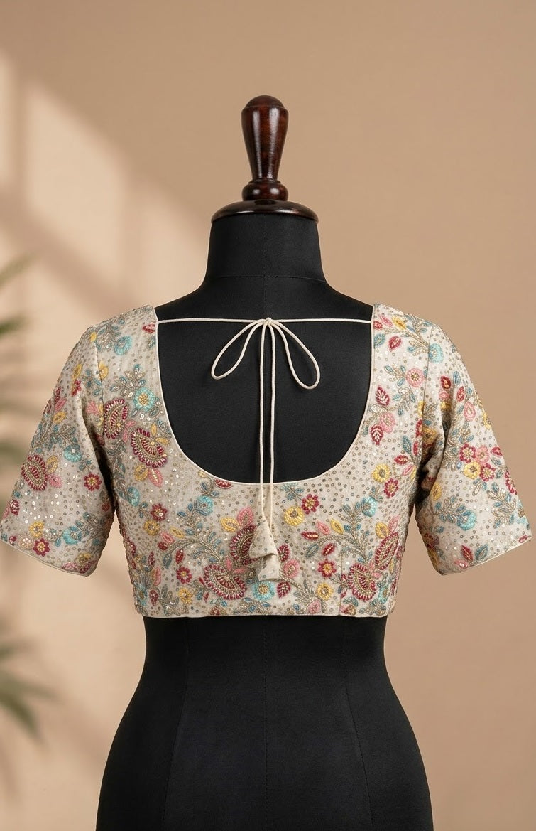 Ivory Pastel Floral Hand-Embroidered Designer ready made blouse