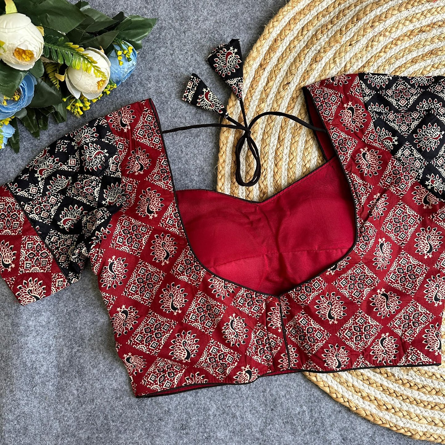 Original ajrakh cotton halter neck puff sleeve ready made blouse