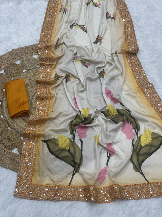 SOFT CHINNON WITH FLORAL DIGITAL PRINT SAREE