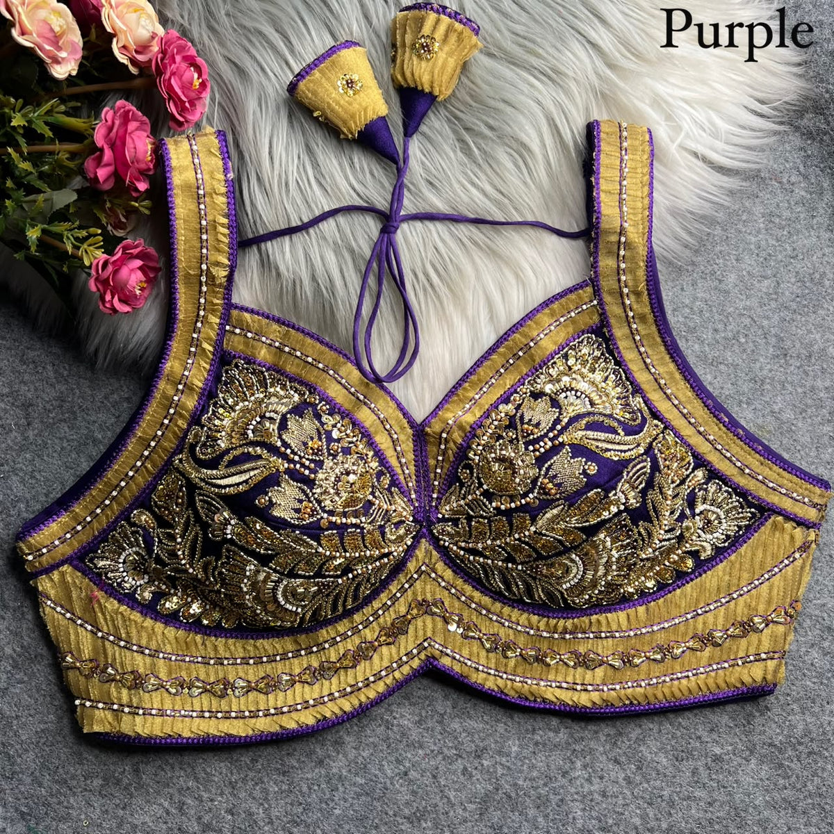 Pure ribbon & beads work ready made blouse
