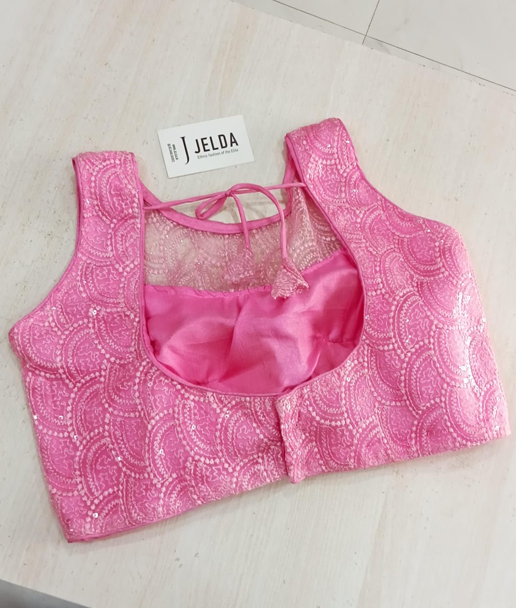 Boatneck with net work sleeveless ready made blouse