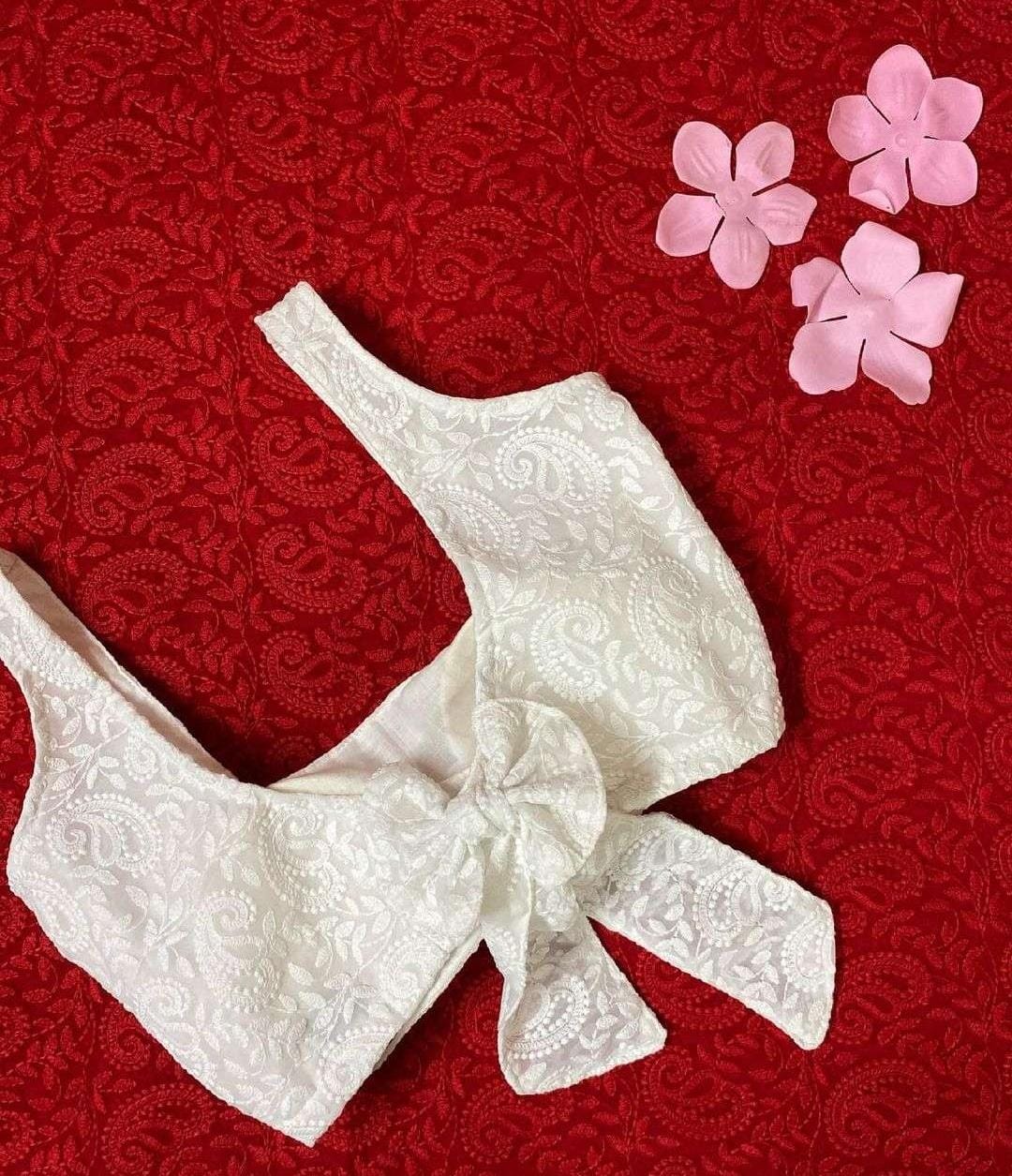 Chikonkari front square neck and back bow ready made blouse