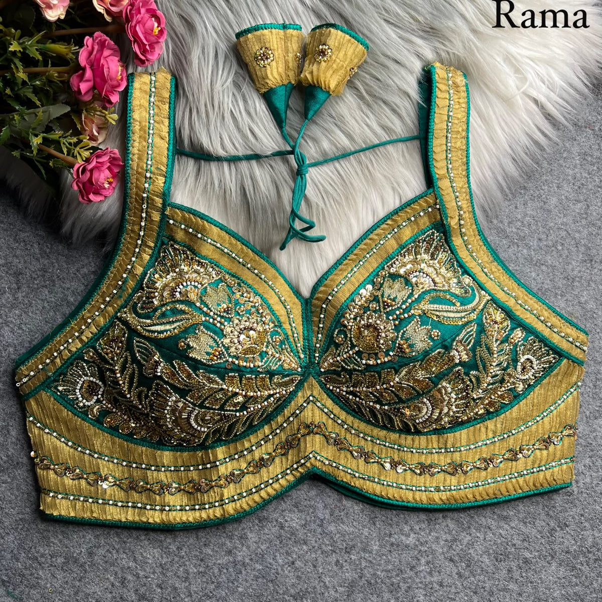 Pure ribbon & beads work ready made blouse