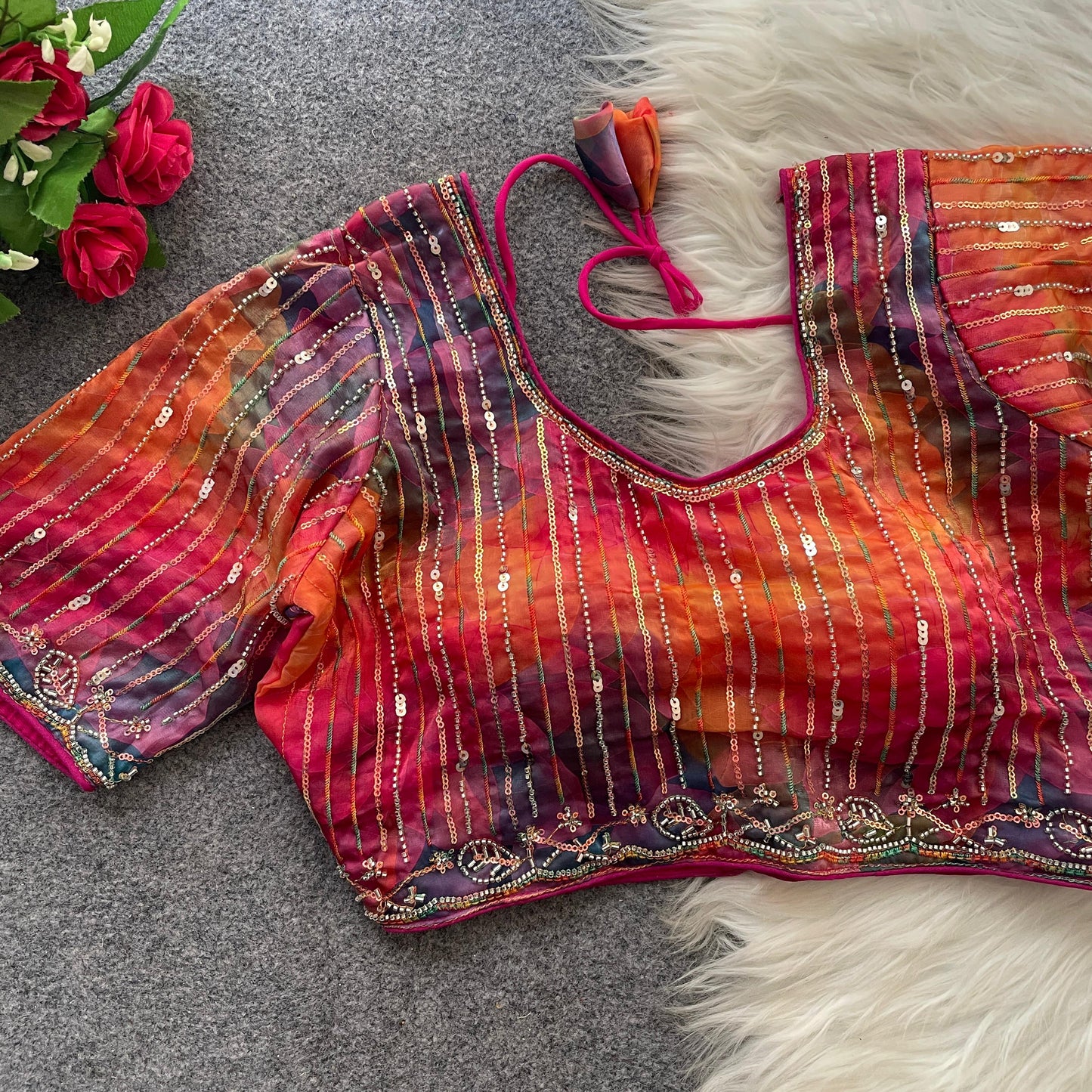 BEAUTIFUL BEADS WORK PARTYWEAR  FRANDY SILK  DIGITAL PRINT READY MADE BLOUSE