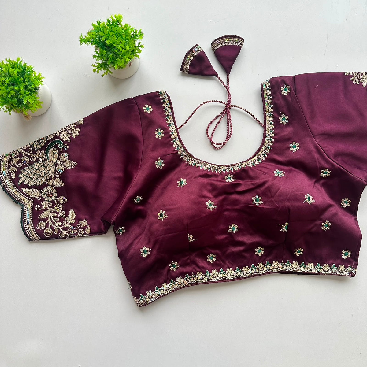 Heavy pure satin silk embroidery work ready made blouse