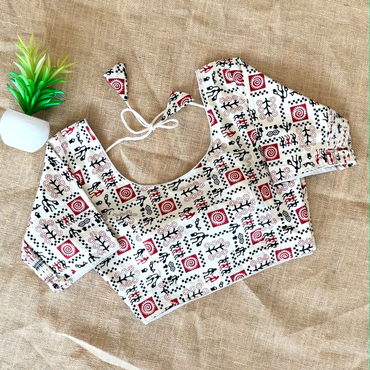 Beautiful hand block print with side elastic ready made blouse
