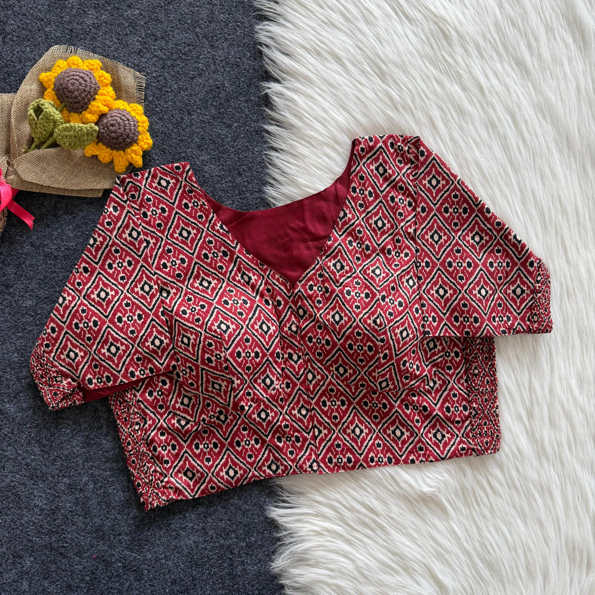 Beautiful hand block print with side elastic ready made blouse