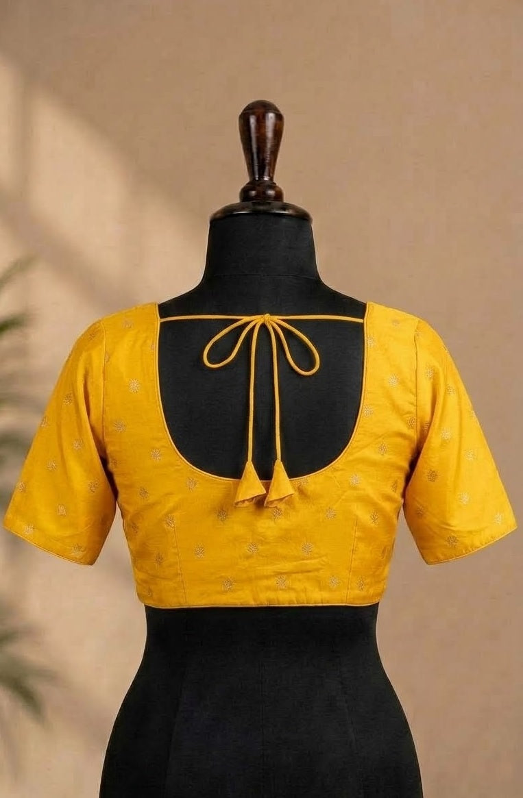 Mustard Yellow Zari Buta Deep-Back ready made blouse