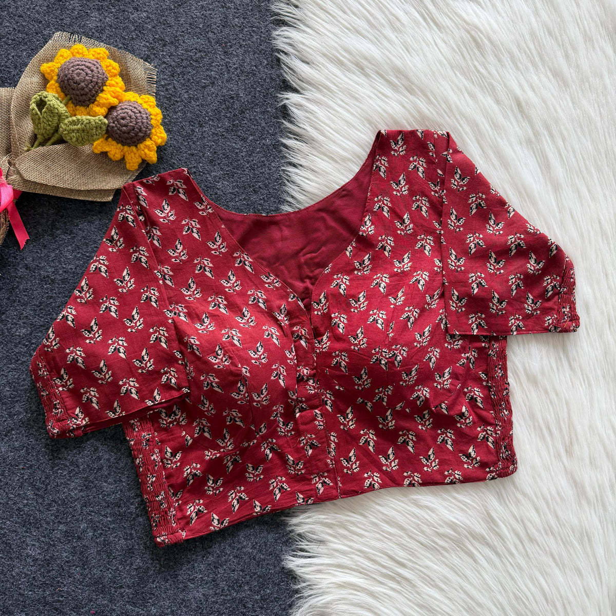 Beautiful hand block print with side elastic ready made blouse