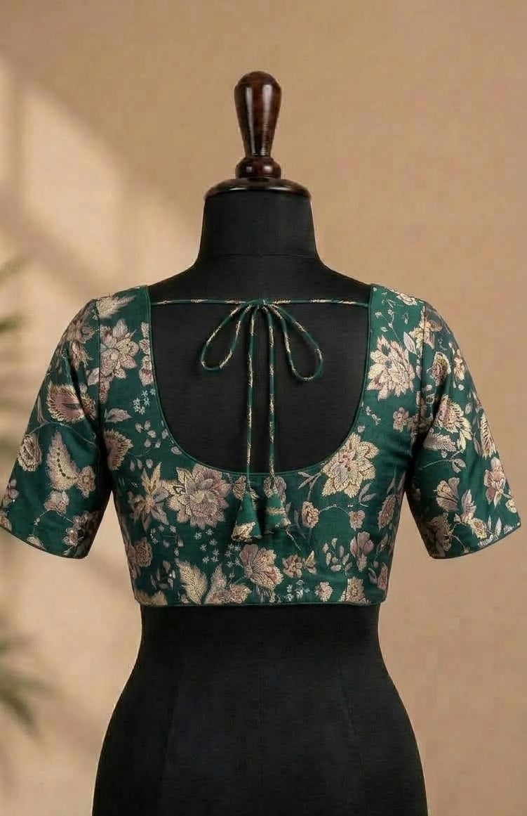Forest Green Floral Brocade Designer ready made blouse