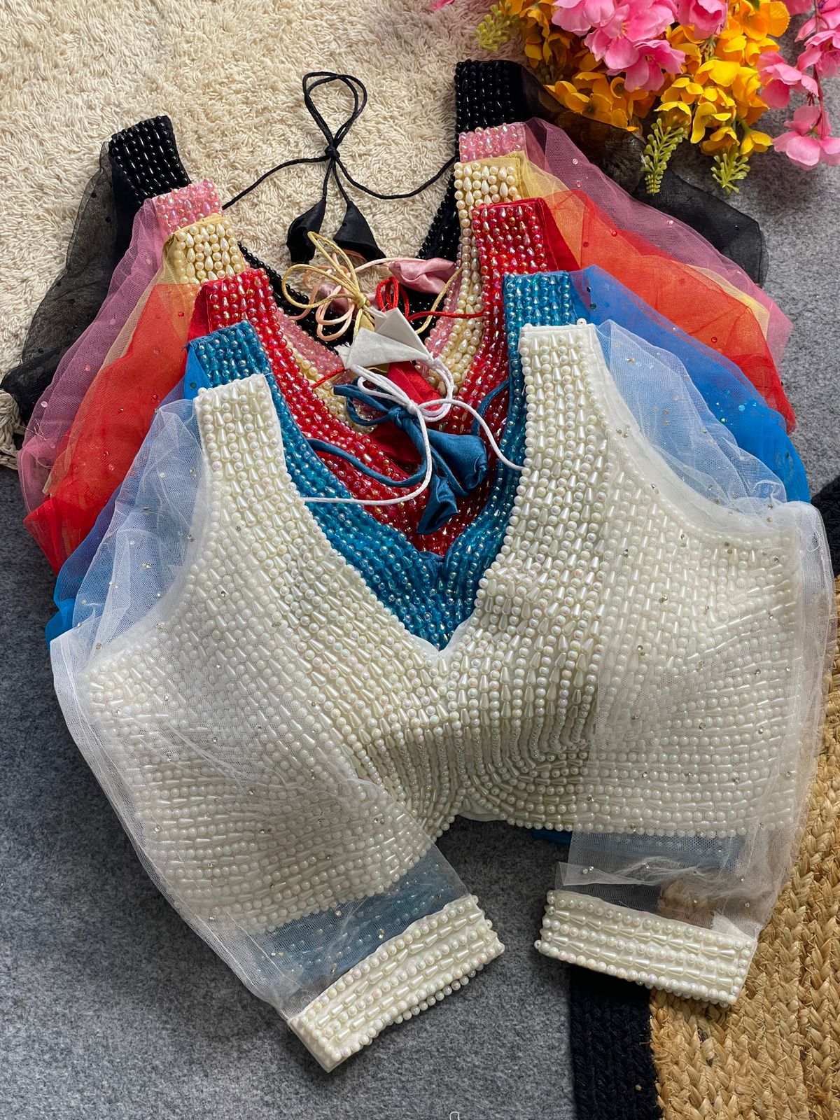 Presenting beautiful handcrafted pearl work ready made blouse