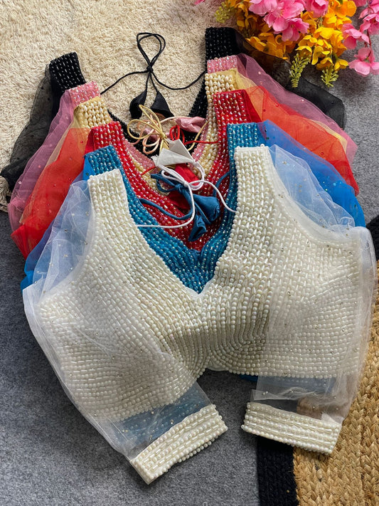 Presenting beautiful handcrafted pearl work ready made blouse