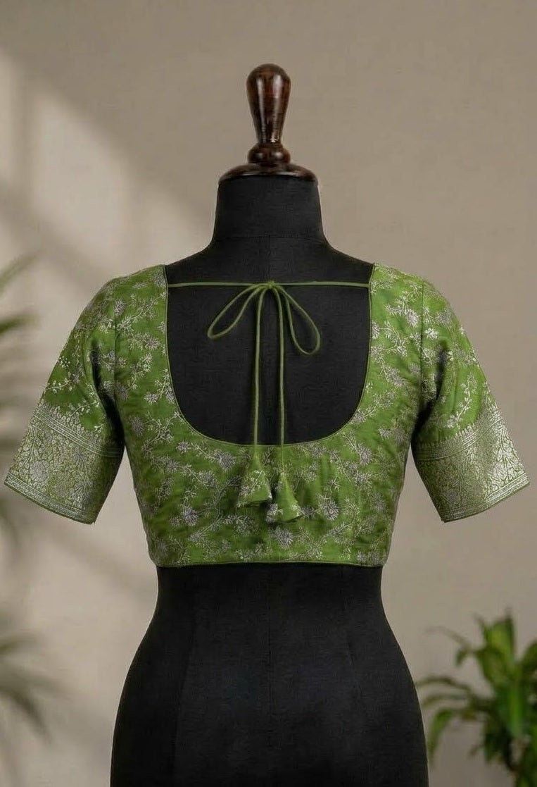 Mehendi Green Zari Embroidered Deep-Back ready made blouse