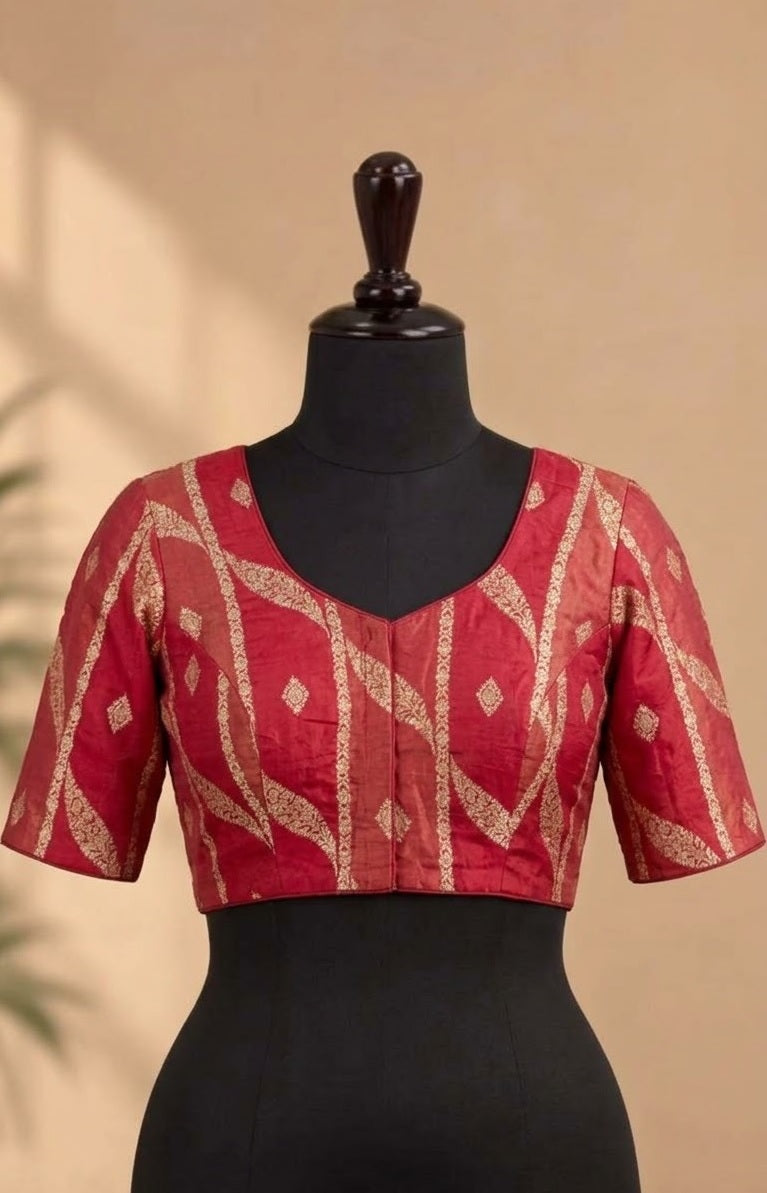 Maroon Zari Leheriya Deep-Back ready made blouse