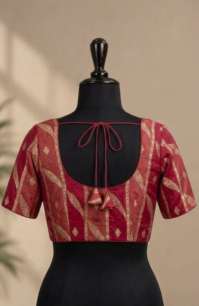 Maroon Zari Leheriya Deep-Back ready made blouse