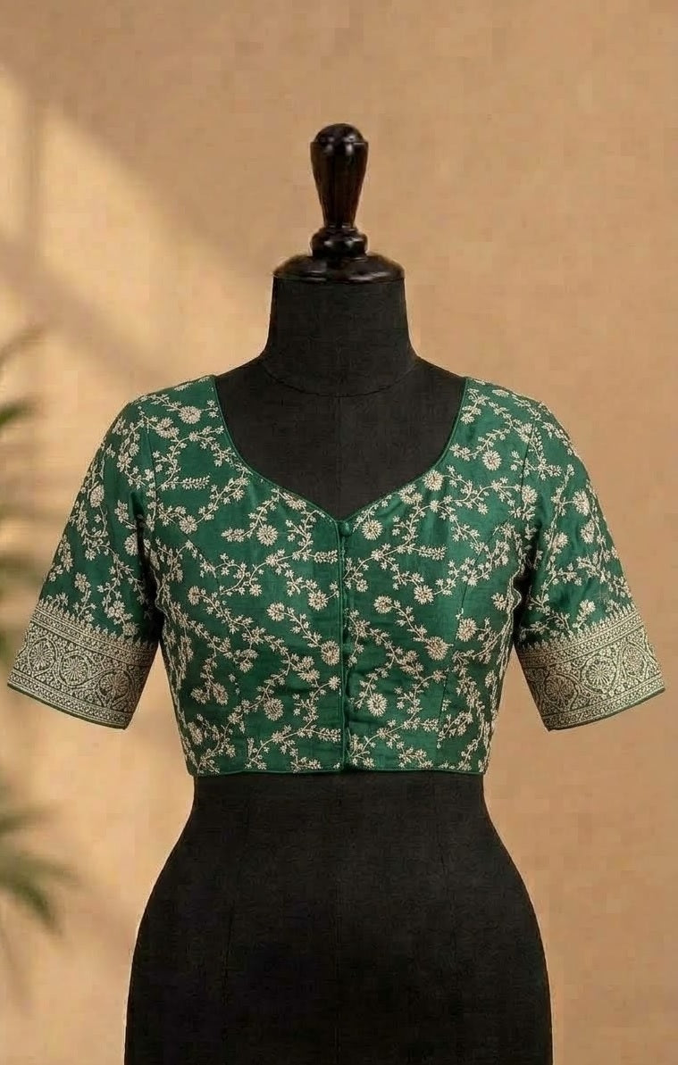 Emerald Green Zari Floral Embroidered Designer ready made blouse