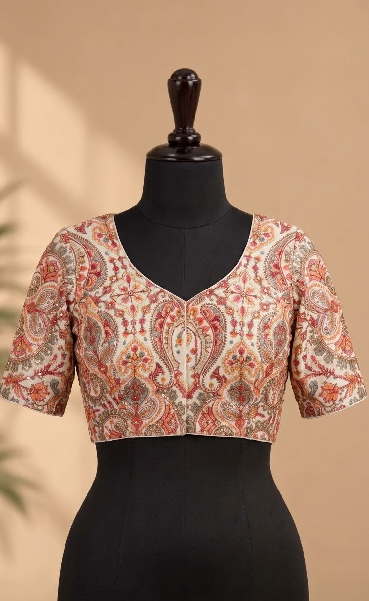 Blush Pink Kashmiri Jamawar Deep-Back ready made blouse