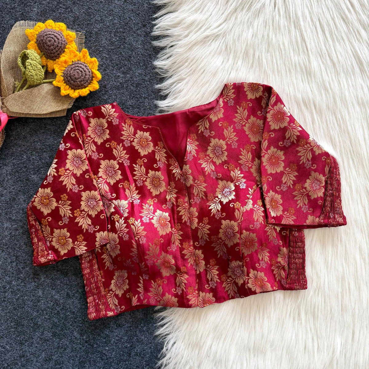 A beauty of weaving work all over with stretchable technology inside ready made blouse
