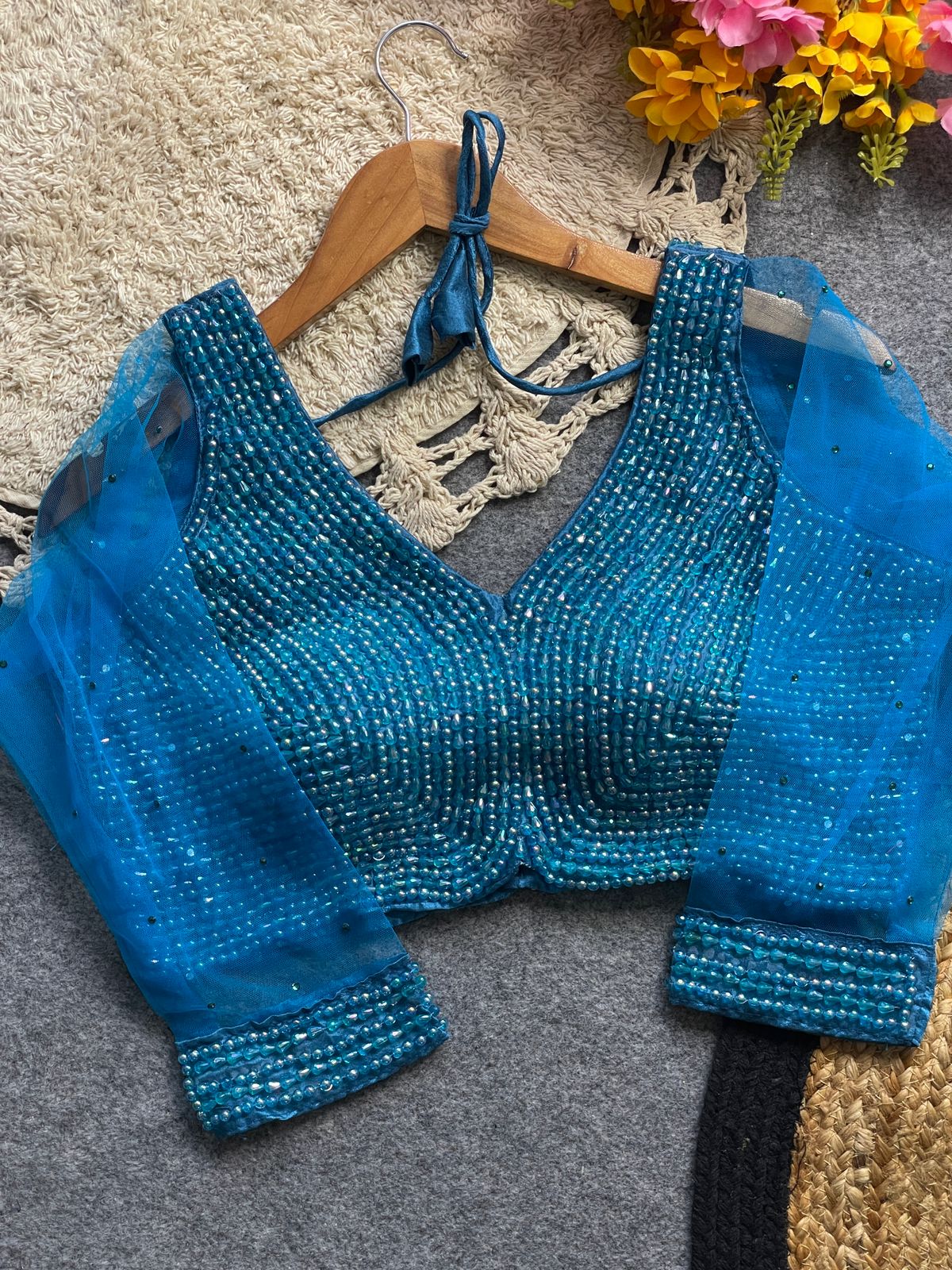 Presenting beautiful handcrafted pearl work ready made blouse