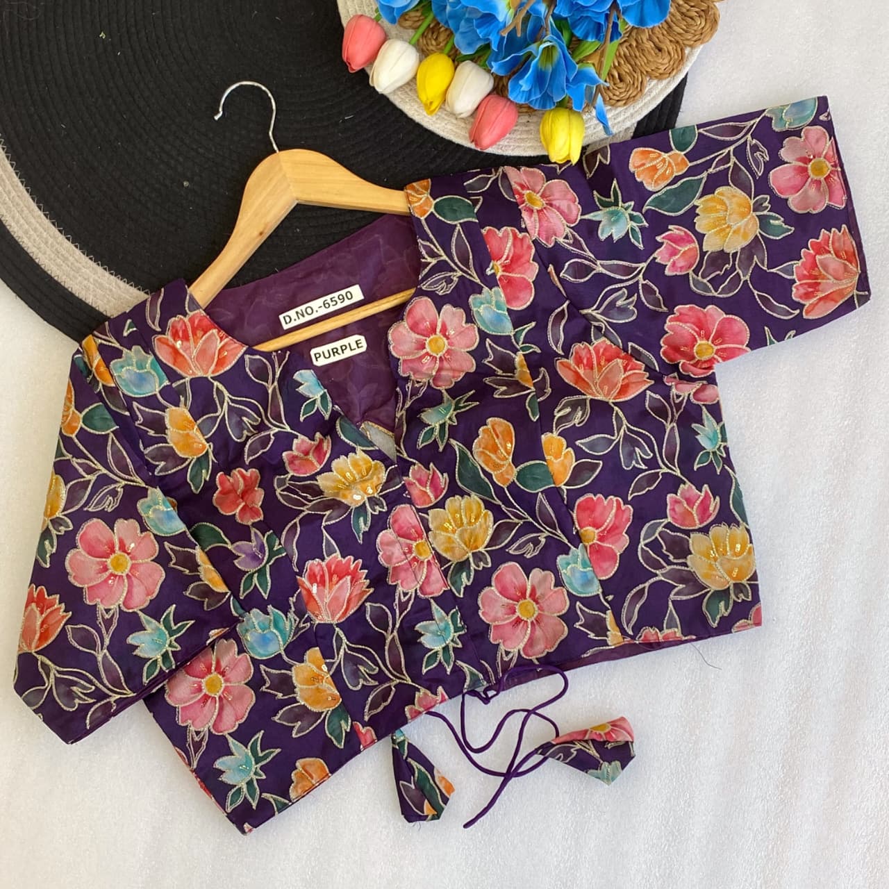 Pojisan print embroidery ready made blouse