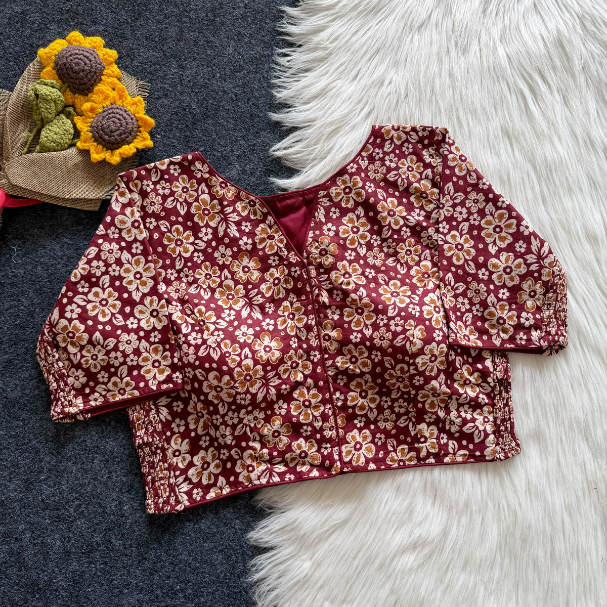 Beautiful hand block print with side elastic ready made blouse