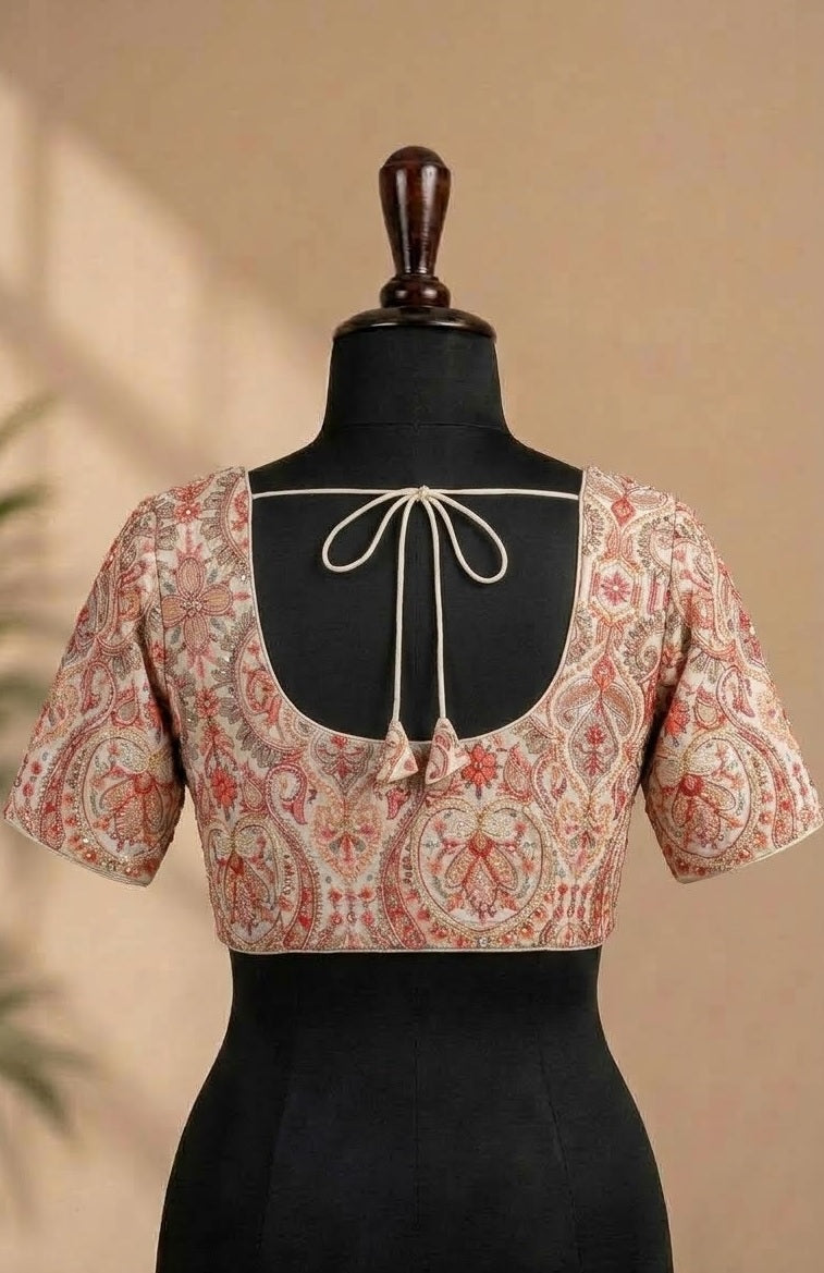 Blush Pink Kashmiri Jamawar Deep-Back ready made blouse