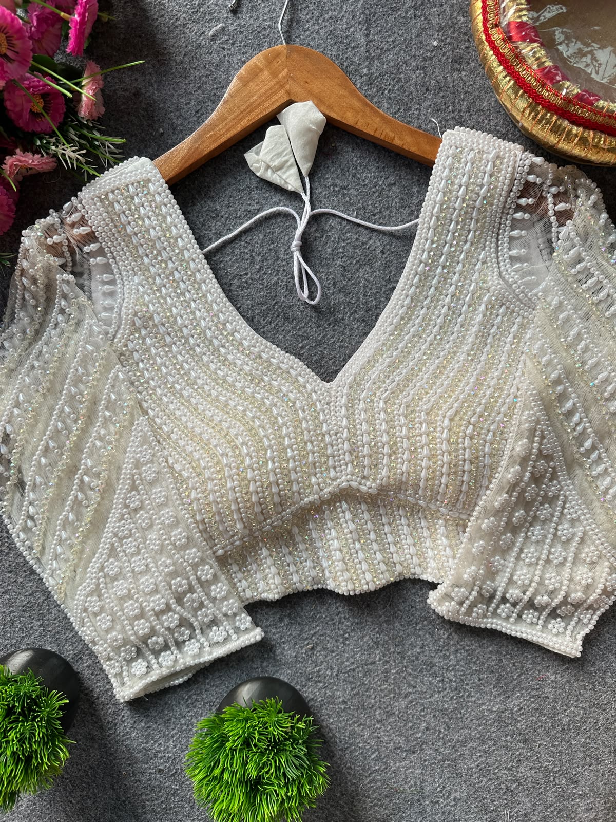 Presenting beautiful handcrafted pearl work in all over ready made blouse