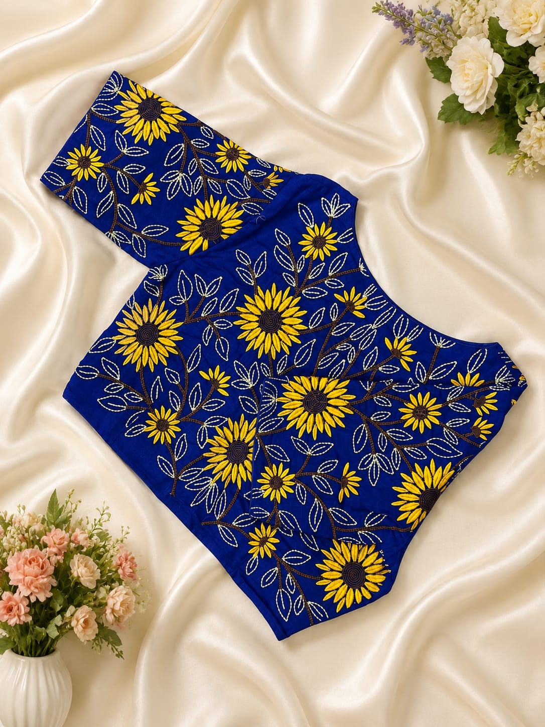Cotton sunflower embroidery work ready made blouse