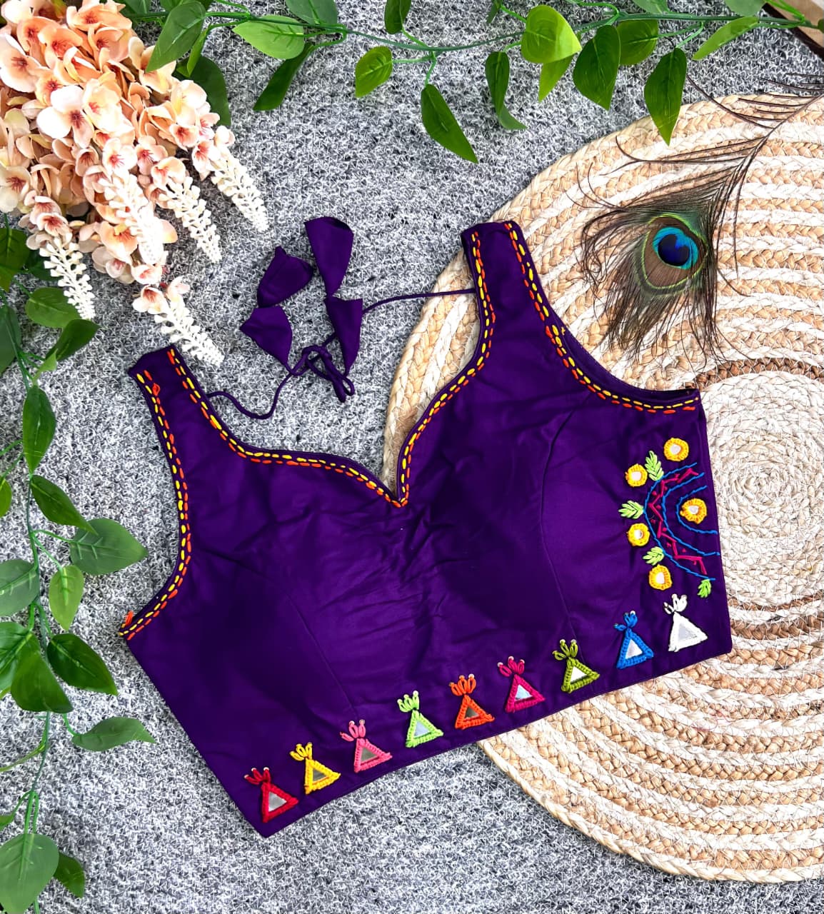 Multi thread with mirror hand work ready made blouse