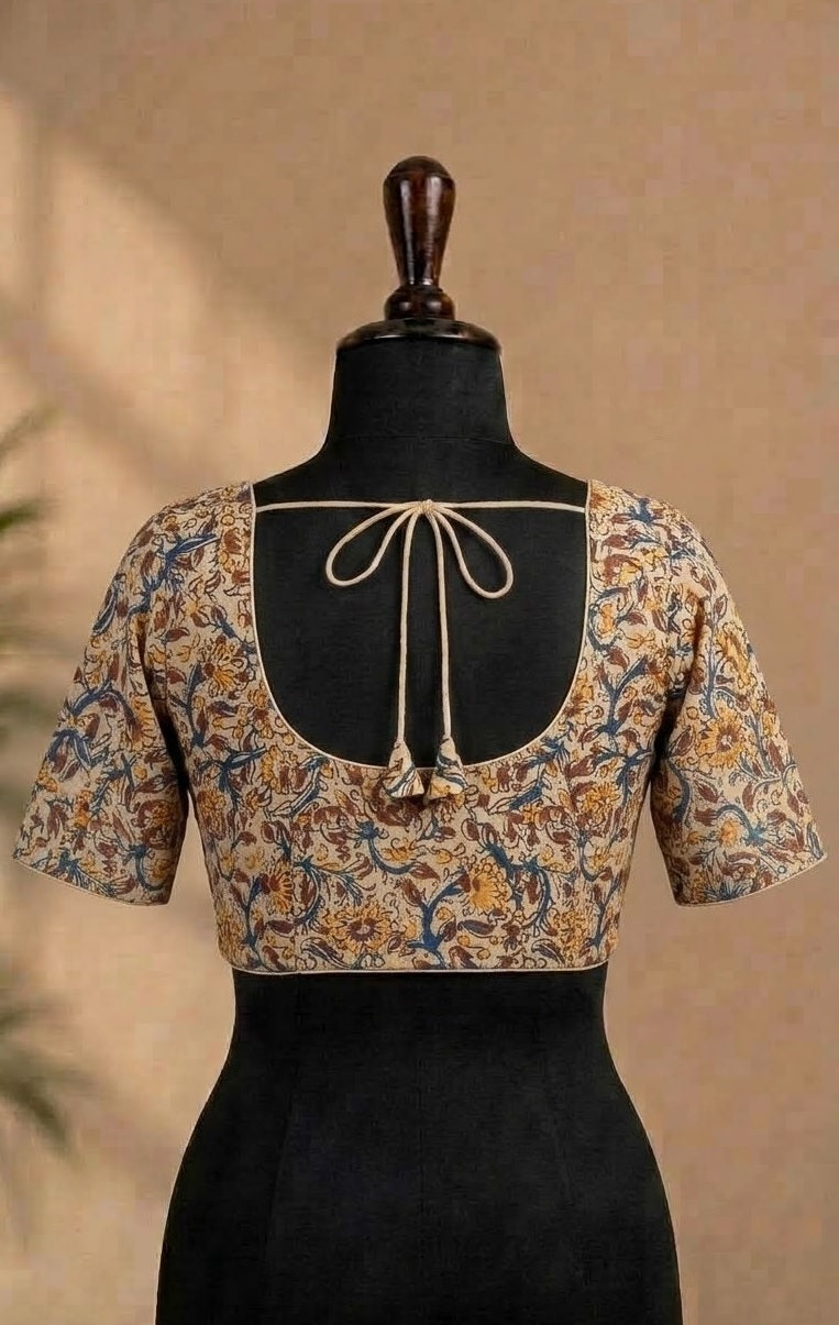 Beige Kalamkari Floral Deep-Back Designer ready made blouse