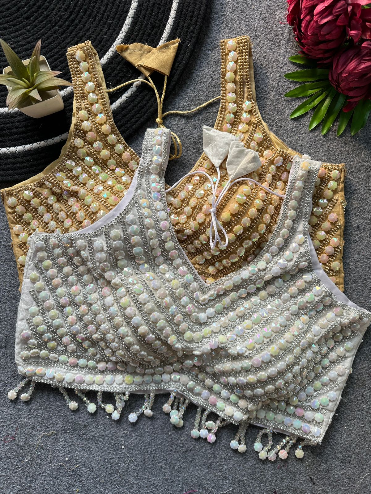 Pure handwork pearl, moti and beads cristal work ready made blouse