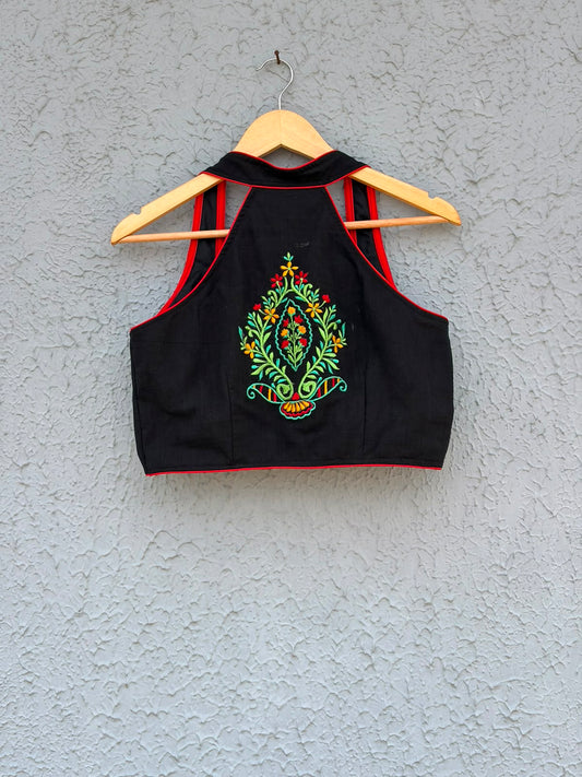 Black cotton embroidered Halterneck designer blouse