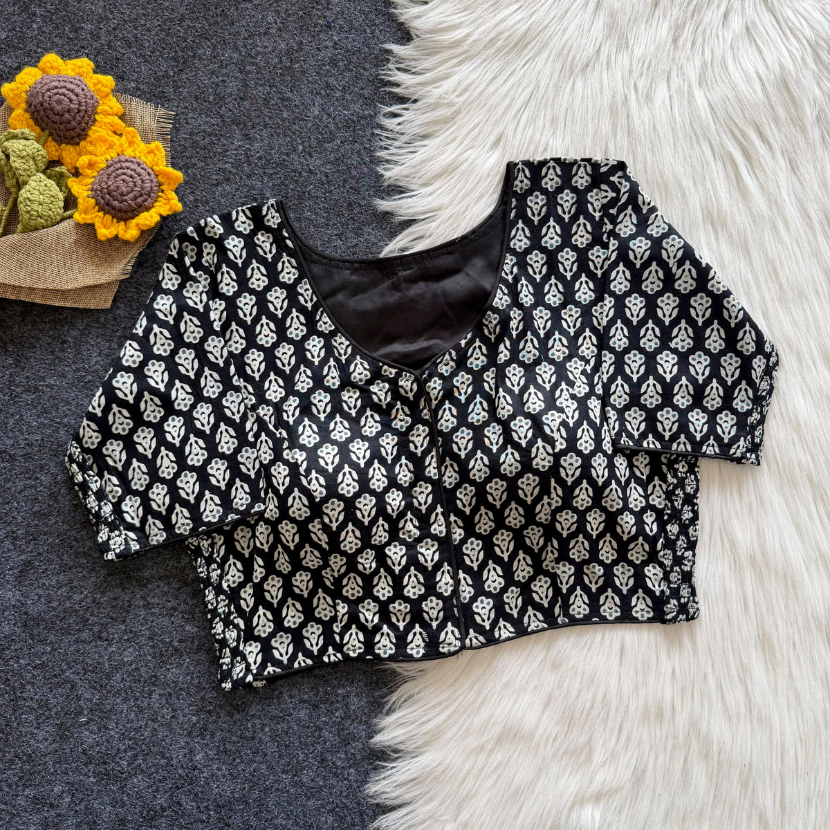 Beautiful hand block print with side elastic ready made blouse