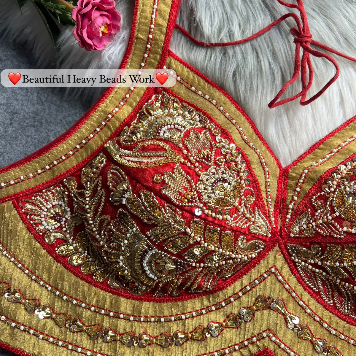 Pure ribbon & beads work ready made blouse