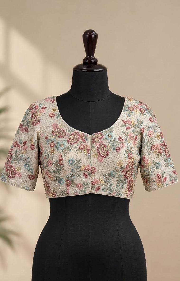 Ivory Pastel Floral Hand-Embroidered Designer ready made blouse