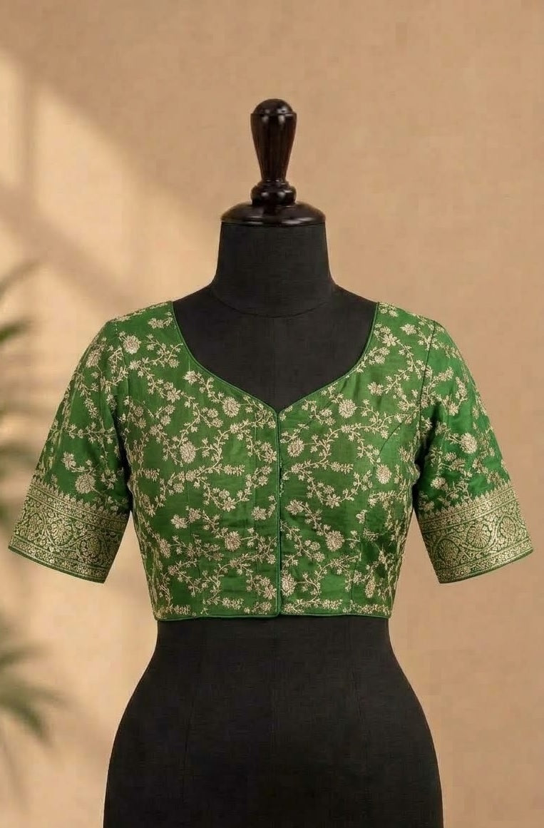 Mehendi Green Zari Embroidered Deep-Back ready made blouse
