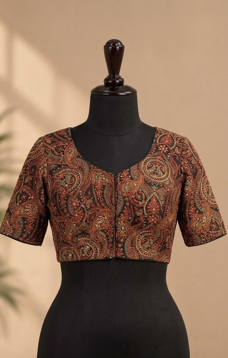 Rich Rust-Black Kashmiri Jamawar Deep-Back ready made blouse