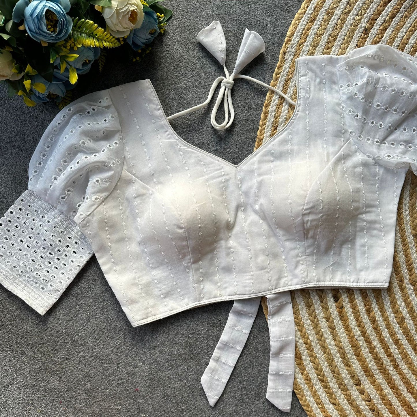 Pure hakoba cotton puff sleeve with bow ready made blouse