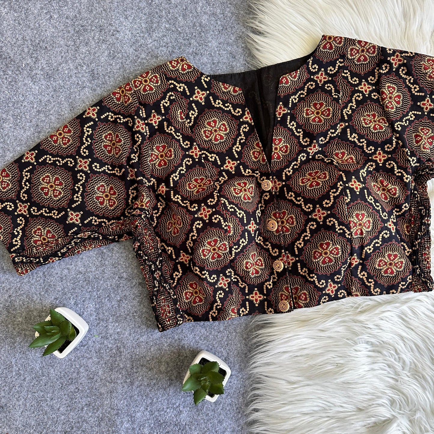 presenting flexi fit Pure Ajrakh Cotton ready made blouse
