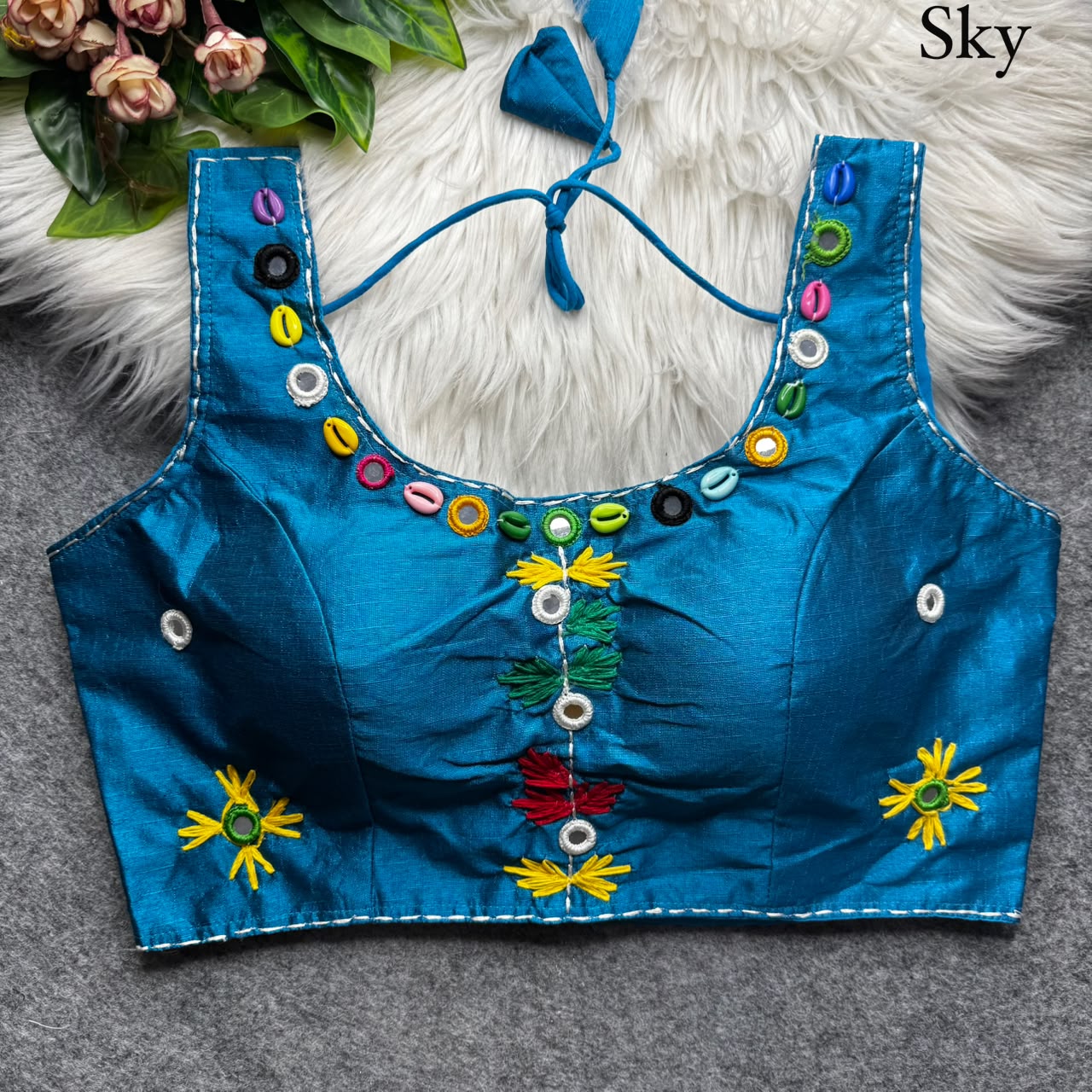 Multi Handwork Thread + Hand Mirror Work ready made blouse