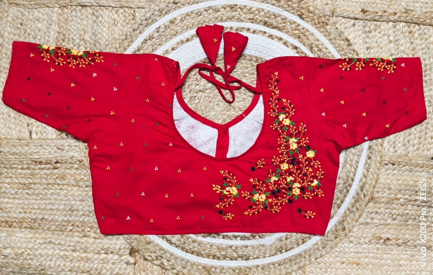 Cotton satin flower embroidery ready made blouse