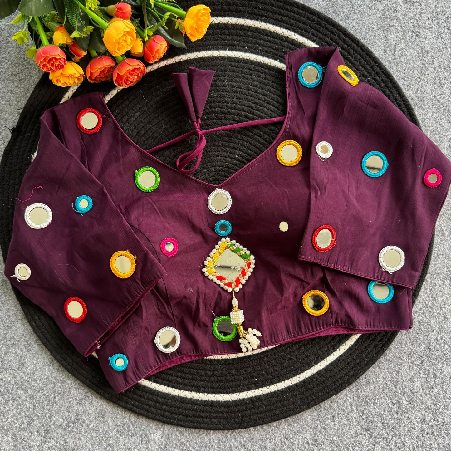 Pure Roman Silk mirror work ready made blouse