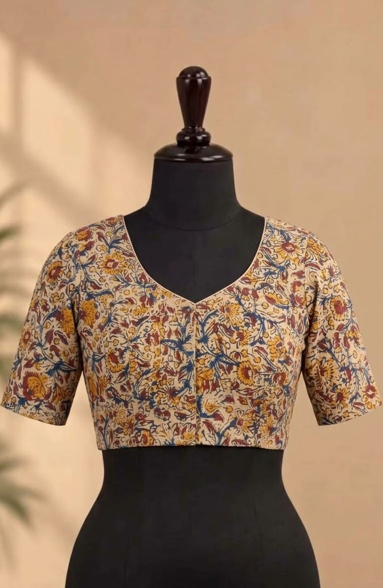 Beige Kalamkari Floral Deep-Back Designer ready made blouse