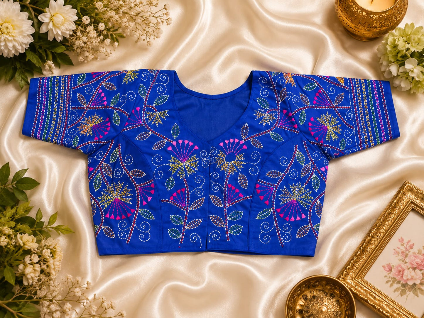 Katha handwork round/ Boatneck ready made blouse
