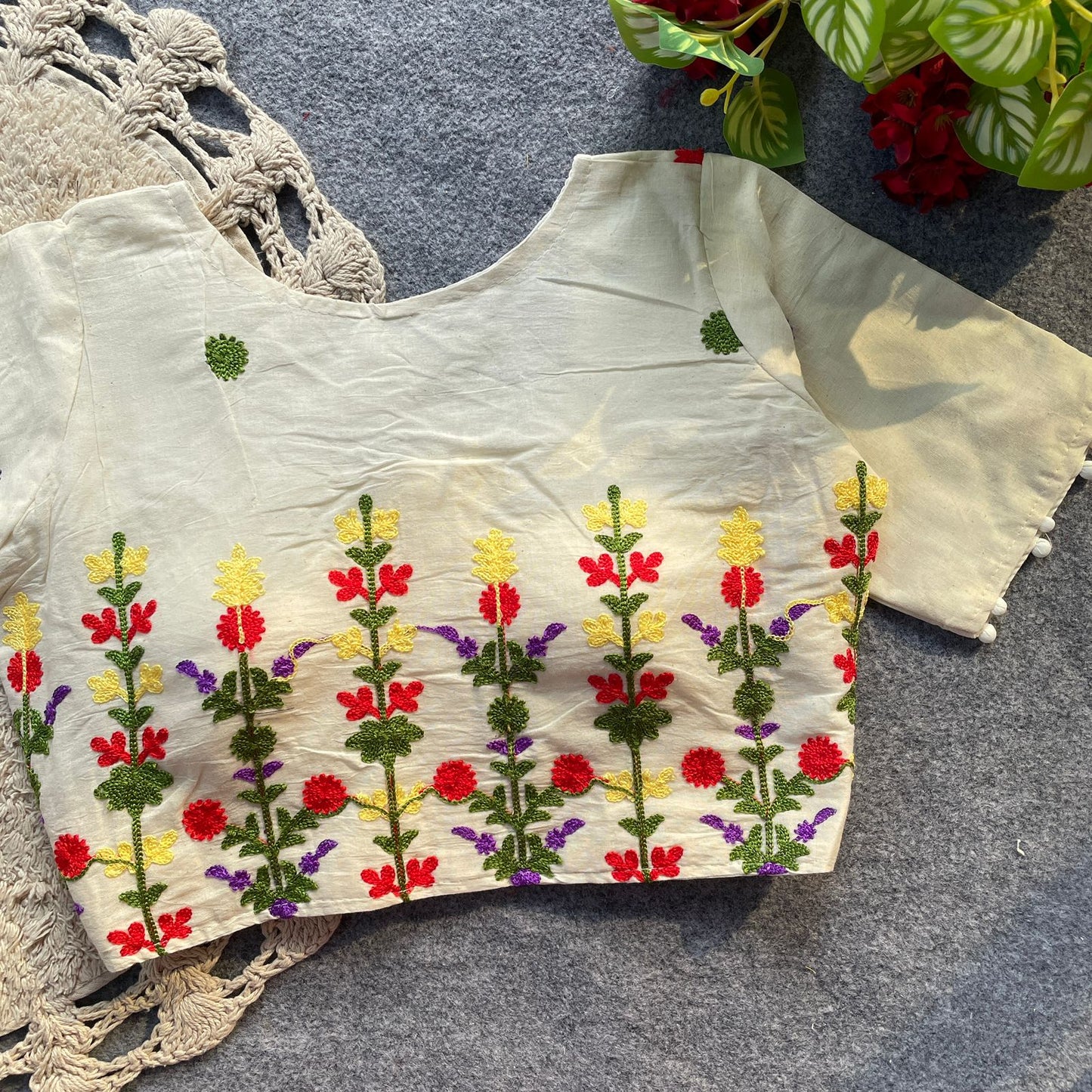 Pure cotton multicolour embroidery work ready made blouse