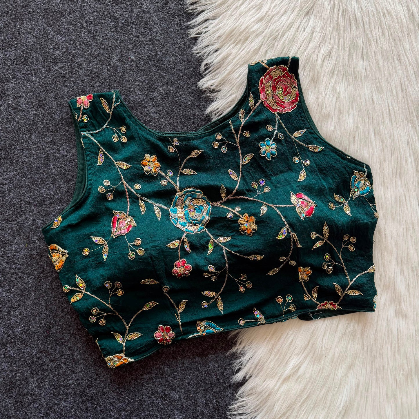 Beautiful embroidery work with elastic attach for better fitting ready made blouse