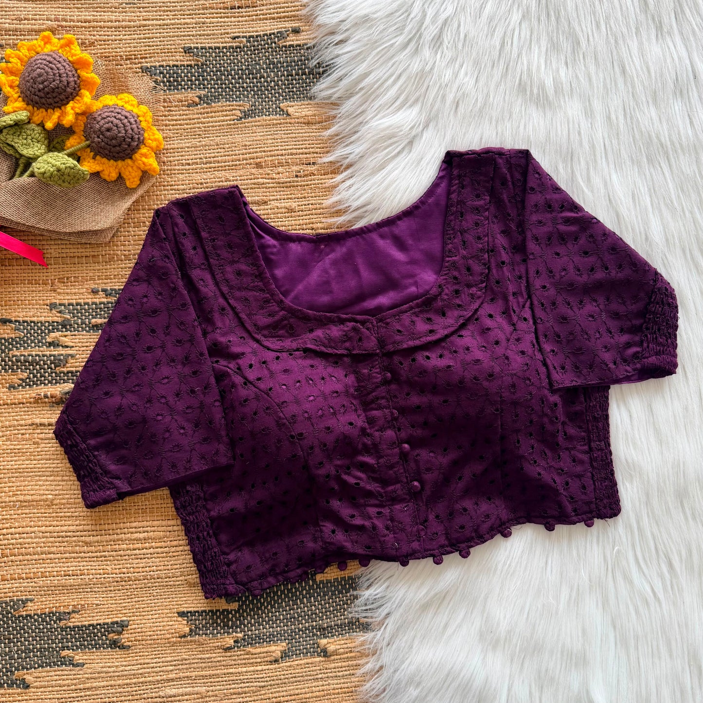 Beautiful embroidery work with elastic attach for better fitting ready made blouse