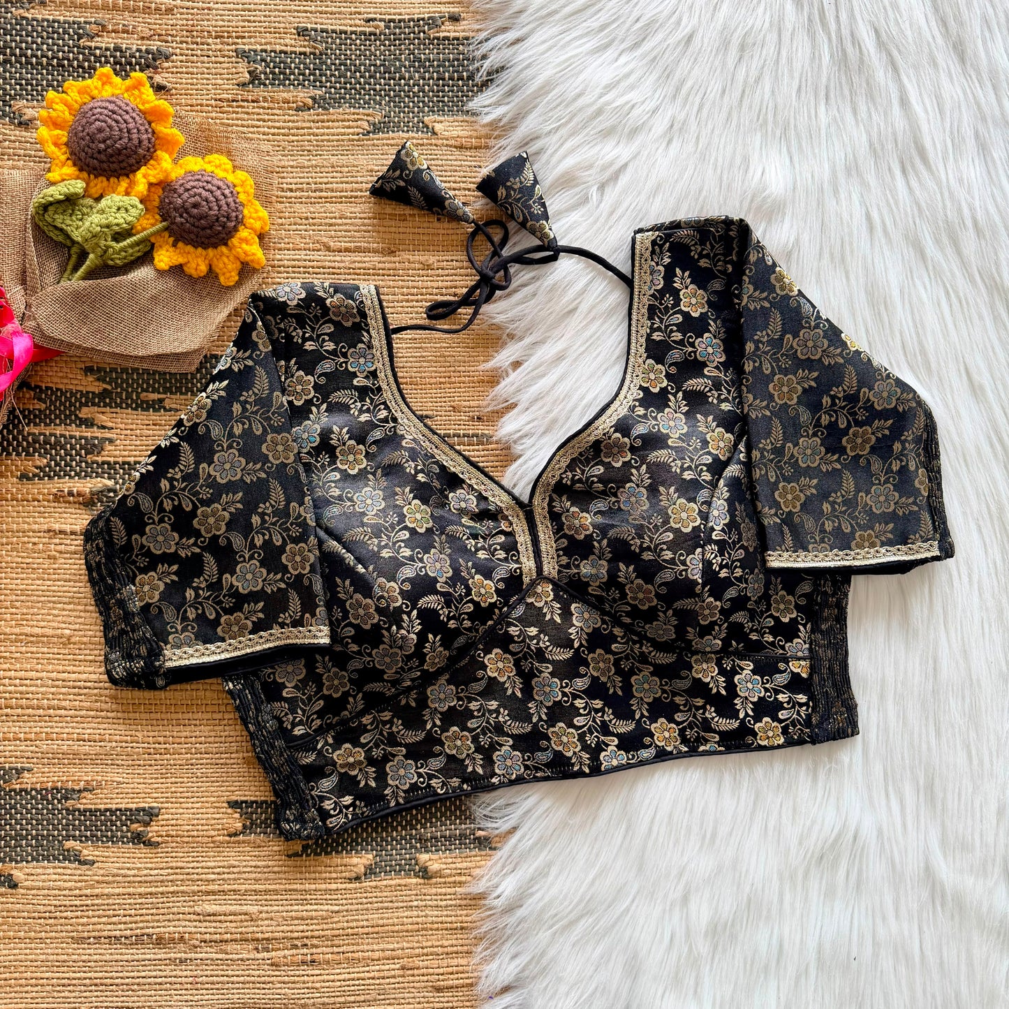 A beauty of weaving work all over with stretchable technology inside ready made blouse