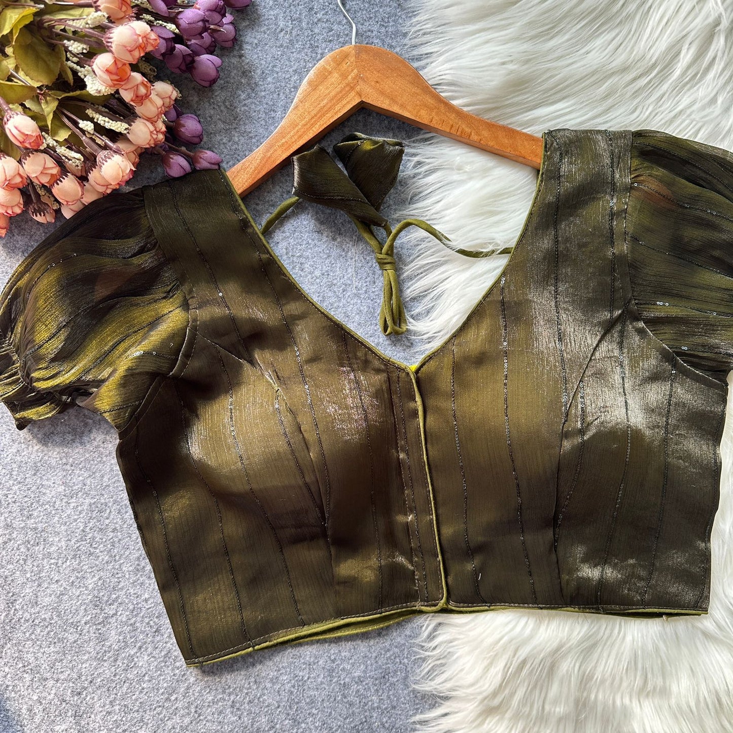 Two tone zimi chu slub shining material with sequins work ready made blouse
